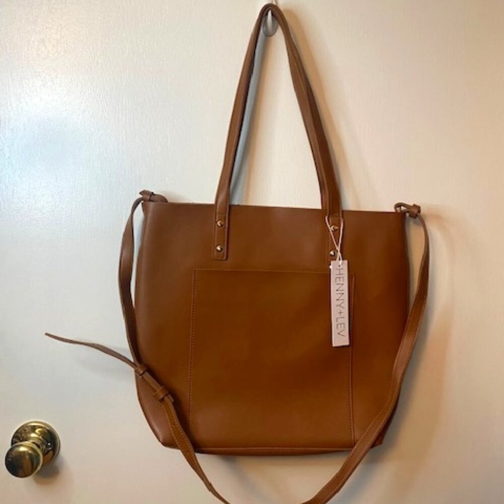 HENNY + LEV Cognac Brown Vegan Leather Everyday Tote Purse Bag Crossbody